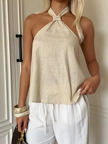 SHEIN EZwear 米色編織掛脖上衣 女款 度假 夏季休閒 - 卡其色 - 查看 4
