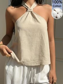 SHEIN EZwear 米色編織掛脖上衣 女款 度假 夏季休閒 - 卡其色 - 查看 7