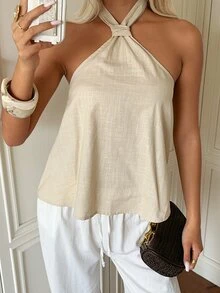 SHEIN EZwear 米色編織掛脖上衣 女款 度假 夏季休閒 - 卡其色 - 查看 6