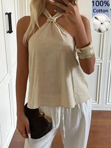 SHEIN EZwear 米色編織掛脖上衣 女款 度假 夏季休閒 - 卡其色 - 查看 9