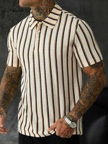 SLATEMANN Men's Summer Casual Striped Short Sleeve Polo Shirt - Apricot - View 3