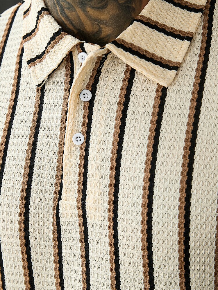 SLATEMANN Men's Summer Casual Striped Short Sleeve Polo Shirt - Apricot - View 4