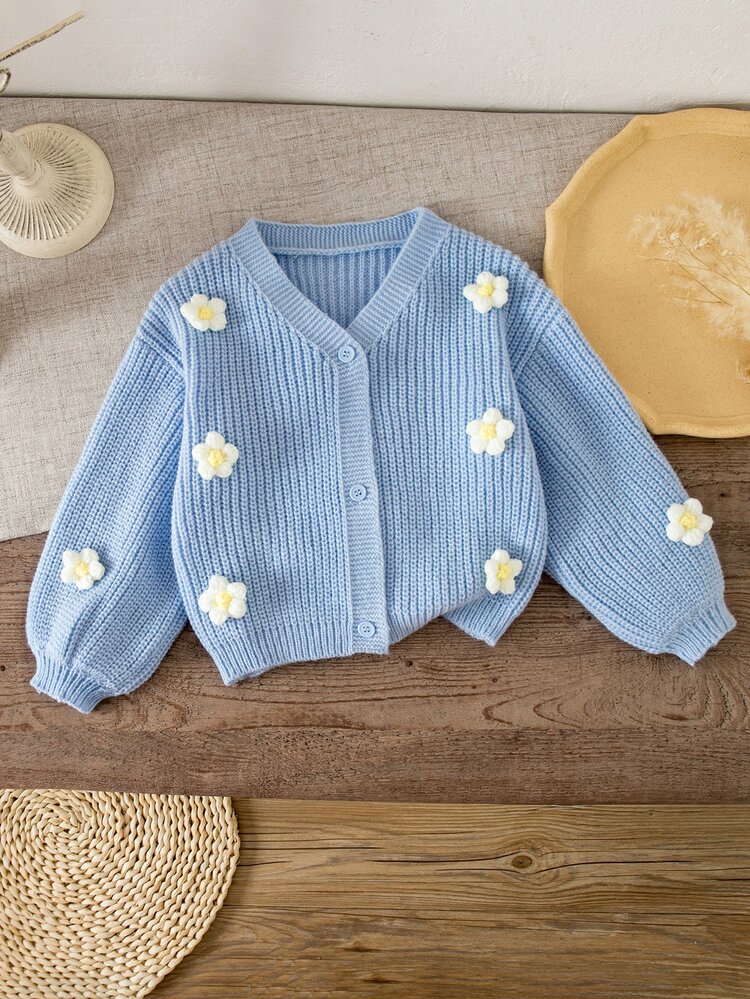 SHEIN Kids Young Girl Kids Striped Multicolor V-Neck Casual Cute Floral 3D Knit Winter Sweaters Cardigan Fall Clothes - Blue - View 6