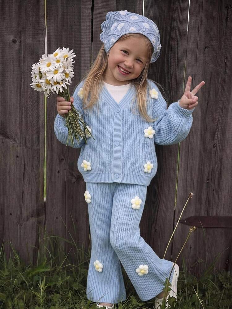 SHEIN Kids Young Girl Kids Striped Multicolor V-Neck Casual Cute Floral 3D Knit Winter Sweaters Cardigan Fall Clothes - Blue - View 3