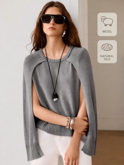Anewsta Essential Autumn/Winter High-End Solid Color 2 In 1 Pullover Shawl Top