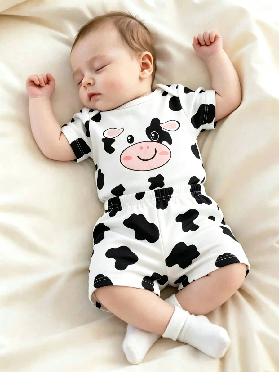 SHEIN 2pcs Newborn Short Sleeve Set, Romper & Shorts Combo, Cute Pattern, Soft & Comfortable, Elegant White, Summer Casual Wear, Adorable Style, Essential For Work, Gatherings And Outings - White - View 1