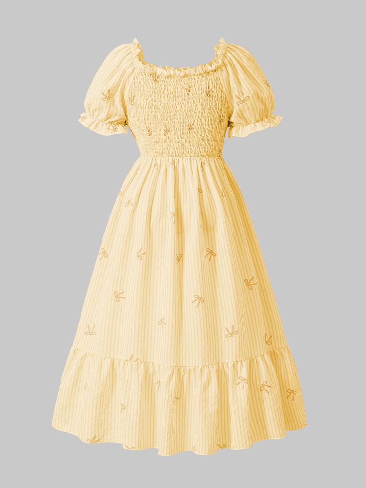Tween Girls' Sweet Cute Striped Bow Print Petal Sleeve Shirred Bodice Mini Dress, Vacation Style For Summer, Outfit - Yellow - View 2