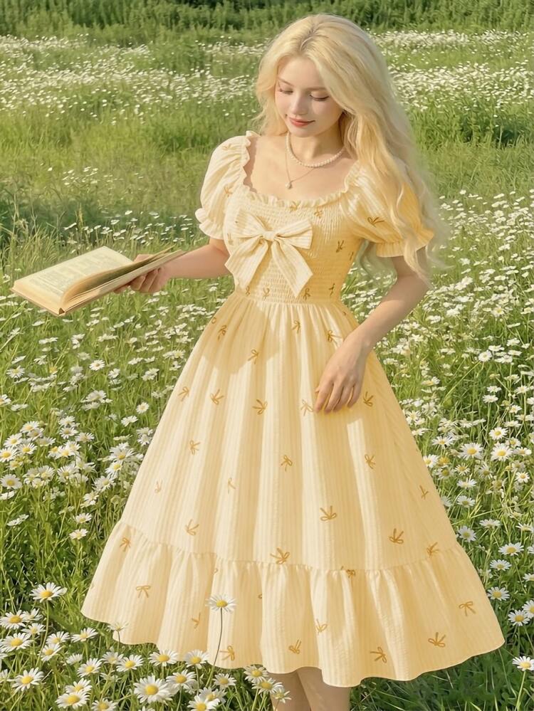 Tween Girls' Sweet Cute Striped Bow Print Petal Sleeve Shirred Bodice Mini Dress, Vacation Style For Summer, Outfit - Yellow - View 4
