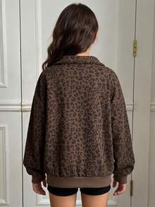 Teen Girl 1pc Cord Leopard Print Half Zip Drop Shoulder Sweatshirt - Multicolor - View 2