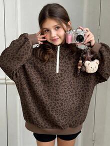 Teen Girl 1pc Cord Leopard Print Half Zip Drop Shoulder Sweatshirt - Multicolor - View 9