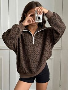 Teen Girl 1pc Cord Leopard Print Half Zip Drop Shoulder Sweatshirt - Multicolor - View 10