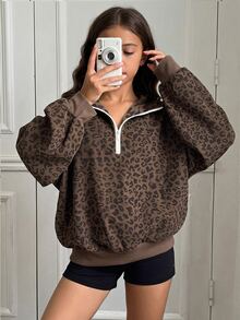 Teen Girl 1pc Cord Leopard Print Half Zip Drop Shoulder Sweatshirt - Multicolor - View 6