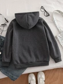 SHEIN 青少年女孩字母圖案連帽衛衣，適合學校、購物與日常休閒穿著 - 深灰色 - 查看 2