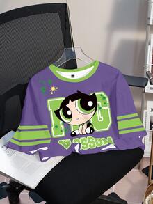 THE POWERPUFF GIRLS X SHEIN 女款字母卡通印花休閒日常T恤 - 白色 - 查看 7