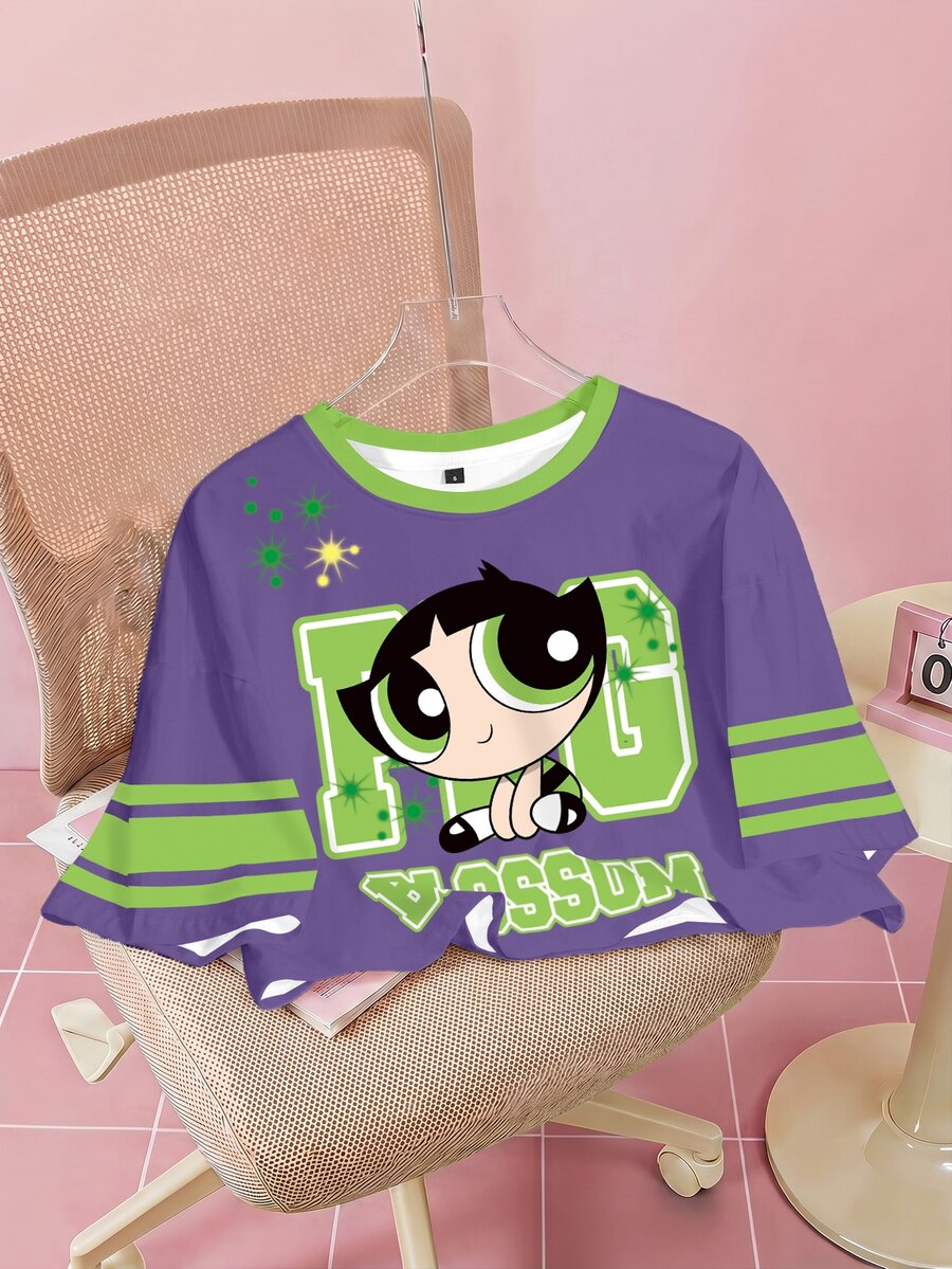 THE POWERPUFF GIRLS X SHEIN 女款字母卡通印花休閒日常T恤 - 白色 - 查看 1