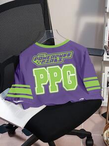 THE POWERPUFF GIRLS X SHEIN 女款字母卡通印花休閒日常T恤 - 白色 - 查看 2