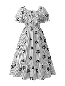 SHEIN Tween Girl Striped Floral Print Bow Decor Dress Fall Autumn Back To School - Black and White - View 7