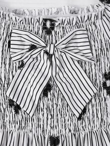 SHEIN Tween Girl Striped Floral Print Bow Decor Dress Fall Autumn Back To School - Black and White - View 4