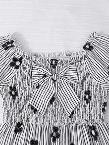 SHEIN Tween Girl Striped Floral Print Bow Decor Dress Fall Autumn Back To School - Black and White - View 5