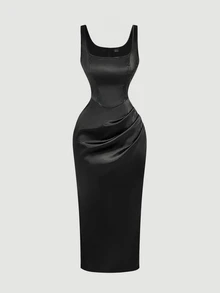 SHEIN MOD 女式黑色缎面中长连衣裙 - 黑色 - 查看 3