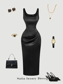 SHEIN MOD 女式黑色缎面中长连衣裙 - 黑色 - 查看 1