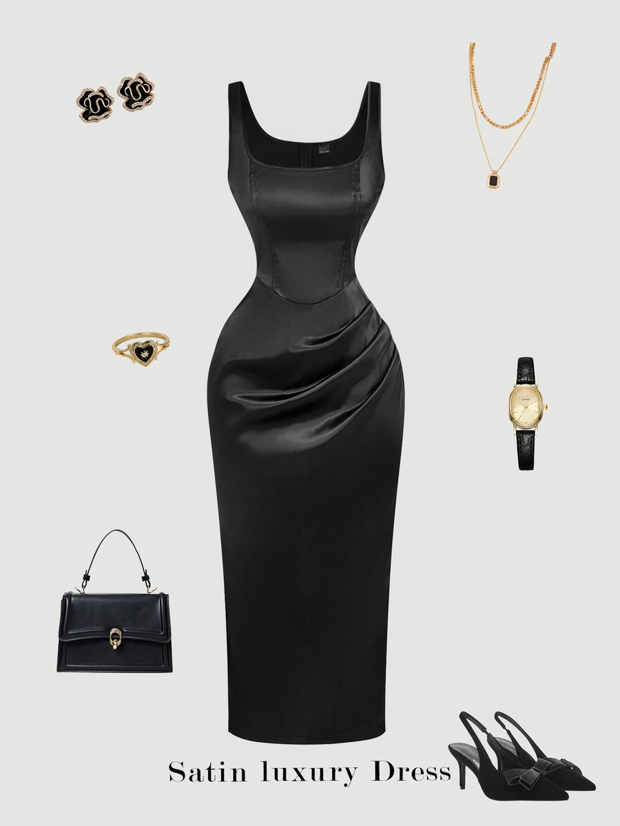 SHEIN MOD 女式黑色缎面中长连衣裙 - 黑色 - 查看 1
