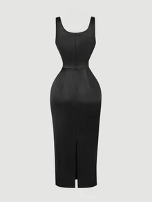 SHEIN MOD 女式黑色缎面中长连衣裙 - 黑色 - 查看 4