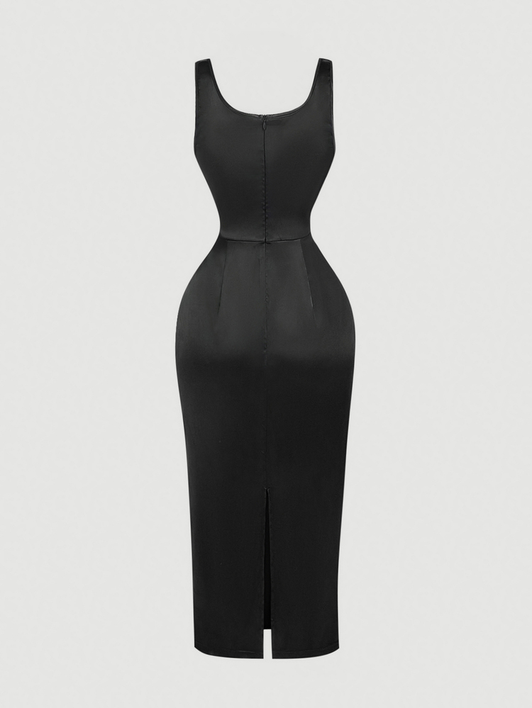 SHEIN MOD Women's Black Satin Pleated Mid-Length Dress,Elegant Summer Dining Luxury Midi Dresses,Party New Year Thanksgiving Outfit,Black Dresses For Women - Black - View 4