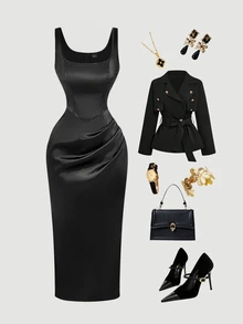 SHEIN MOD 女式黑色缎面中长连衣裙 - 黑色 - 查看 2