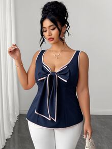 Elenzga Top sin mangas azul marino con lazo de contraste para mujer talla grande, bajo con volantes, estilo dulce y fresco, juvenil, favorecedor para la cintura, efecto adelgazante, elegante, tejido regular. Adecuado para uso casual, citas y vacaciones en la playa. - Azul Marino - Ver 7