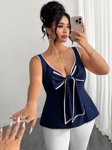 Elenzga Top sin mangas azul marino con lazo de contraste para mujer talla grande, bajo con volantes, estilo dulce y fresco, juvenil, favorecedor para la cintura, efecto adelgazante, elegante, tejido regular. Adecuado para uso casual, citas y vacaciones en la playa. - Azul Marino - Ver 6