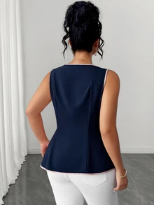 Elenzga Top sin mangas azul marino con lazo de contraste para mujer talla grande, bajo con volantes, estilo dulce y fresco, juvenil, favorecedor para la cintura, efecto adelgazante, elegante, tejido regular. Adecuado para uso casual, citas y vacaciones en la playa. - Azul Marino - Ver 3