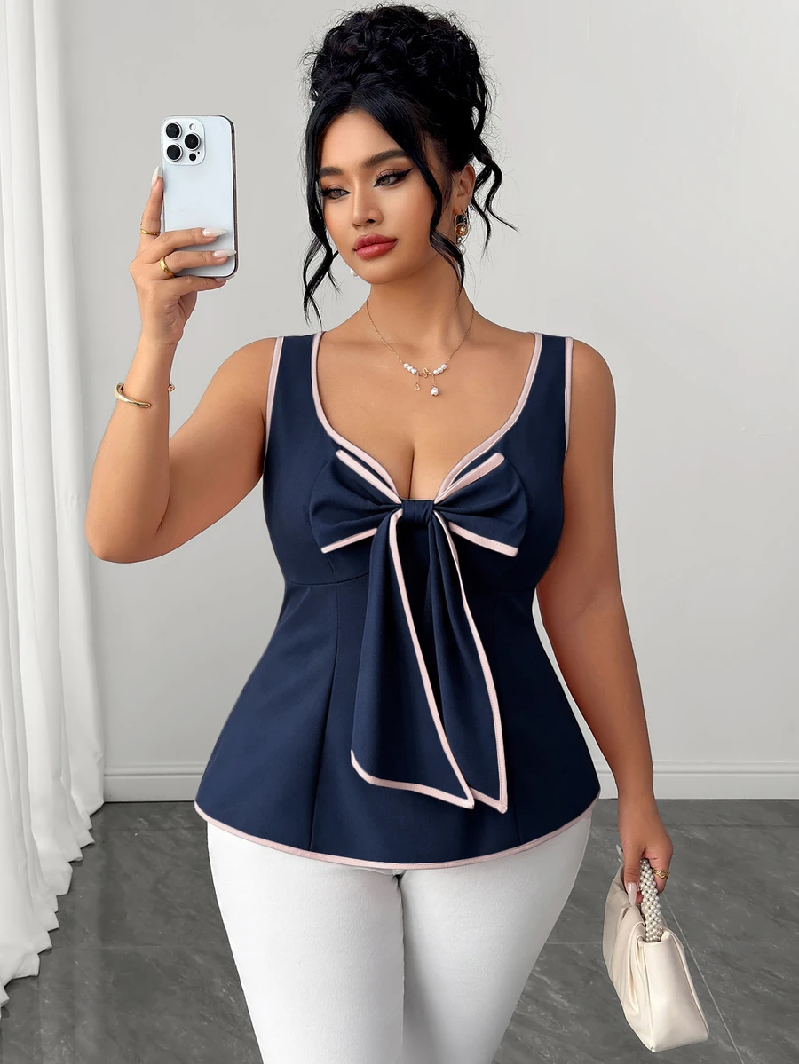 Elenzga Top sin mangas azul marino con lazo de contraste para mujer talla grande, bajo con volantes, estilo dulce y fresco, juvenil, favorecedor para la cintura, efecto adelgazante, elegante, tejido regular. Adecuado para uso casual, citas y vacaciones en la playa. - Azul Marino - Ver 1