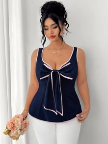 Elenzga Top sin mangas azul marino con lazo de contraste para mujer talla grande, bajo con volantes, estilo dulce y fresco, juvenil, favorecedor para la cintura, efecto adelgazante, elegante, tejido regular. Adecuado para uso casual, citas y vacaciones en la playa. - Azul Marino - Ver 5