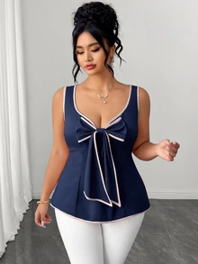 Elenzga Top sin mangas azul marino con lazo de contraste para mujer talla grande, bajo con volantes, estilo dulce y fresco, juvenil, favorecedor para la cintura, efecto adelgazante, elegante, tejido regular. Adecuado para uso casual, citas y vacaciones en la playa. - Azul Marino - Ver 8