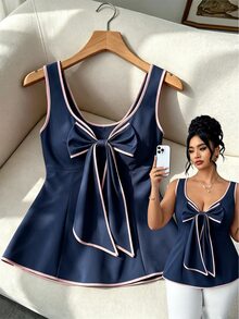 Elenzga Top sin mangas azul marino con lazo de contraste para mujer talla grande, bajo con volantes, estilo dulce y fresco, juvenil, favorecedor para la cintura, efecto adelgazante, elegante, tejido regular. Adecuado para uso casual, citas y vacaciones en la playa. - Azul Marino - Ver 2
