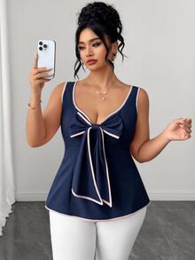 Elenzga Top sin mangas azul marino con lazo de contraste para mujer talla grande, bajo con volantes, estilo dulce y fresco, juvenil, favorecedor para la cintura, efecto adelgazante, elegante, tejido regular. Adecuado para uso casual, citas y vacaciones en la playa. - Azul Marino - Ver 4