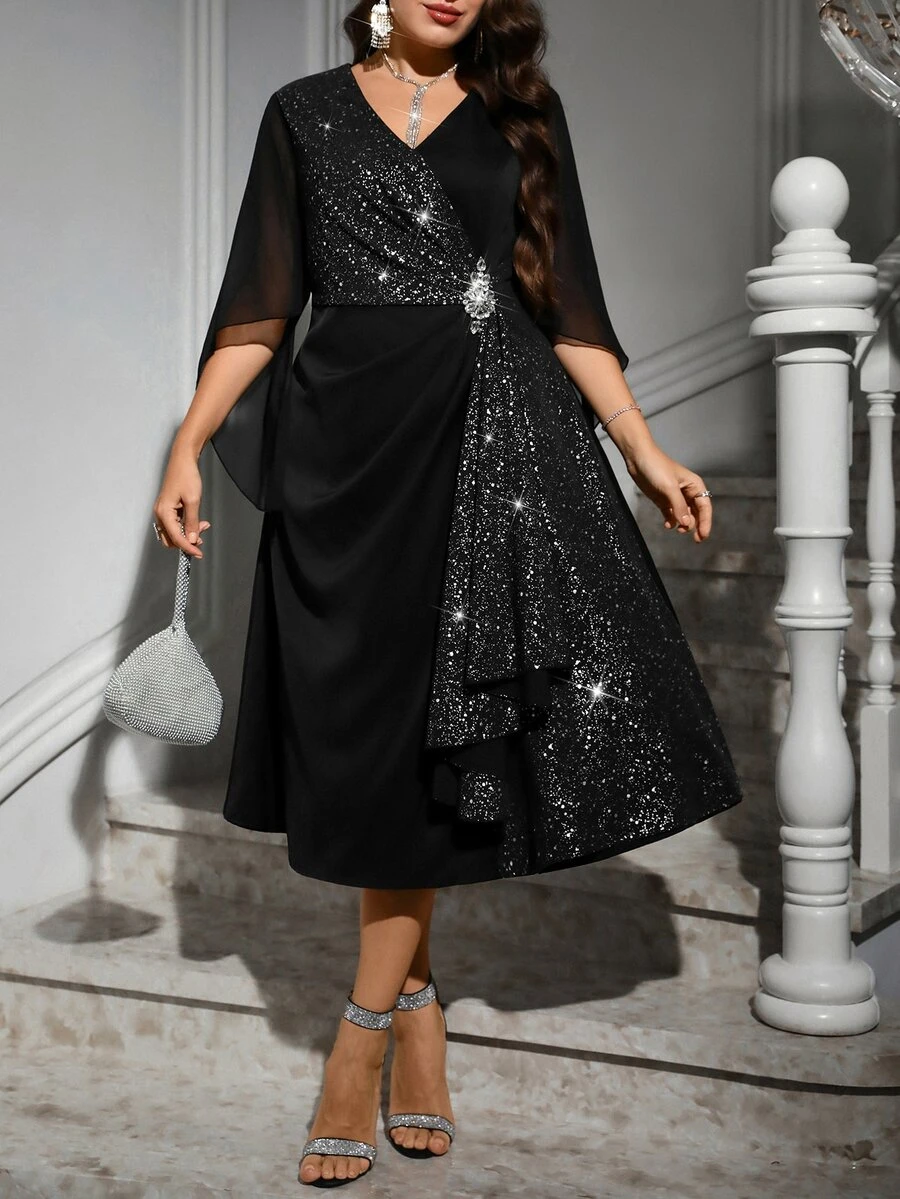 Reflora Plus Size Women's Patchwork Glitter V-Neck Bell Sleeve Elegant Dress - Black - View 1
