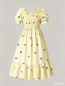Elladie kids Tween Girl Square Neck Puff Sleeve Bow Decor Printed Dress, Fall, Autumn, Winter, Graphic, Back To School, School, Halloween, Christmas, Holiday - Multicolor - View 3