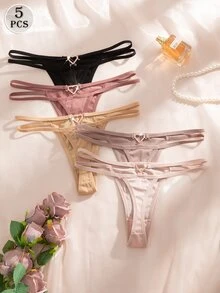 Snug Zone 5 件套舒适心形装饰纯色丁字裤，女士休闲 T 型背心内裤 - 彩色 - 查看 4