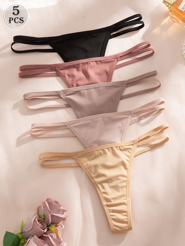 Snug Zone 5pcs/Set Comfortable Heart Decor Solid Color Thong Panties, Casual Underwear For Women - Multicolor - View 2