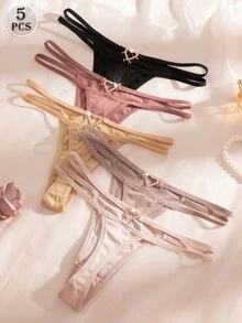 Snug Zone 5 件套舒适心形装饰纯色丁字裤，女士休闲 T 型背心内裤 - 彩色 - 查看 3