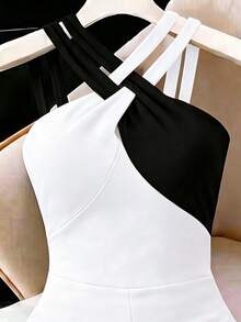 GlowEve CURVE Plus Size Simple Elegant Versatile Colorblock Patchwork Women's Jumpsuit - White - View 3