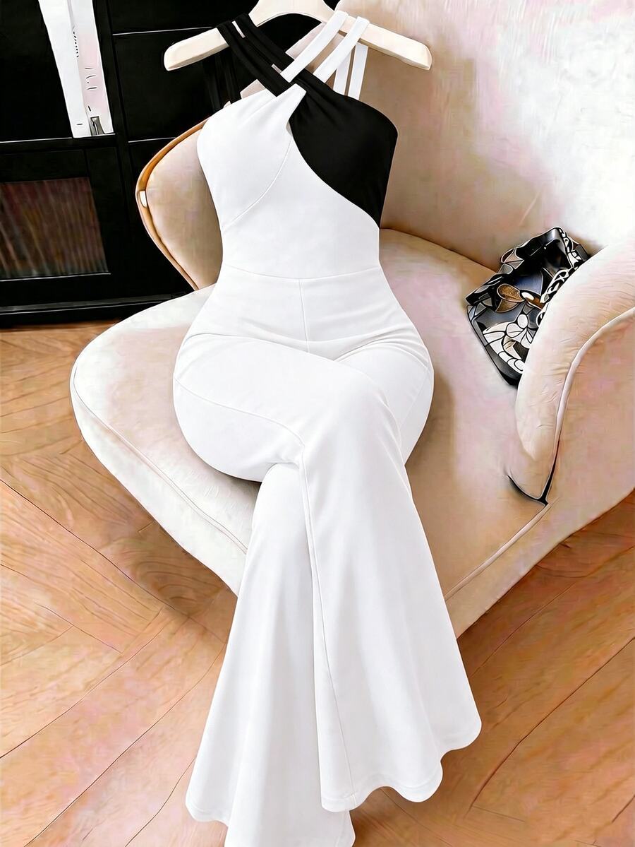 GlowEve CURVE Plus Size Simple Elegant Versatile Colorblock Patchwork Women's Jumpsuit - White - View 1