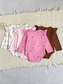 SHEIN 女嬰休閒羅紋基礎款肩扣式連身衣套裝，荷葉袖、波浪邊飾長袖，多件套，秋冬款 - 彩色 - 查看 2