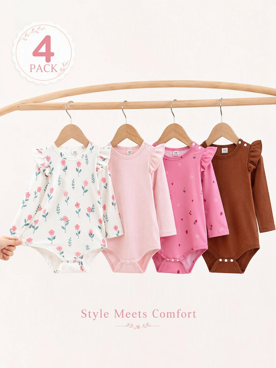 SHEIN Infant Girls Casual Ribbed Basic Shoulder Snap Button Flutter Sleeve Scalloped Trim Long Sleeve Multi-Piece Bodysuit Set, Autumn/Winter - Multicolor - View 1