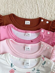 SHEIN 女嬰休閒羅紋基礎款肩扣式連身衣套裝，荷葉袖、波浪邊飾長袖，多件套，秋冬款 - 彩色 - 查看 6