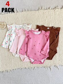 SHEIN 女嬰休閒羅紋基礎款肩扣式連身衣套裝，荷葉袖、波浪邊飾長袖，多件套，秋冬款 - 彩色 - 查看 7