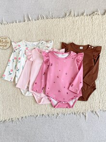 SHEIN 女嬰休閒羅紋基礎款肩扣式連身衣套裝，荷葉袖、波浪邊飾長袖，多件套，秋冬款 - 彩色 - 查看 5