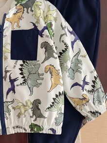 男嬰卡通恐龍印花拼色連帽輕便夾克與素色長褲兩件套，適合春夏秋戶外旅行 - 藏蓝色 - 查看 3